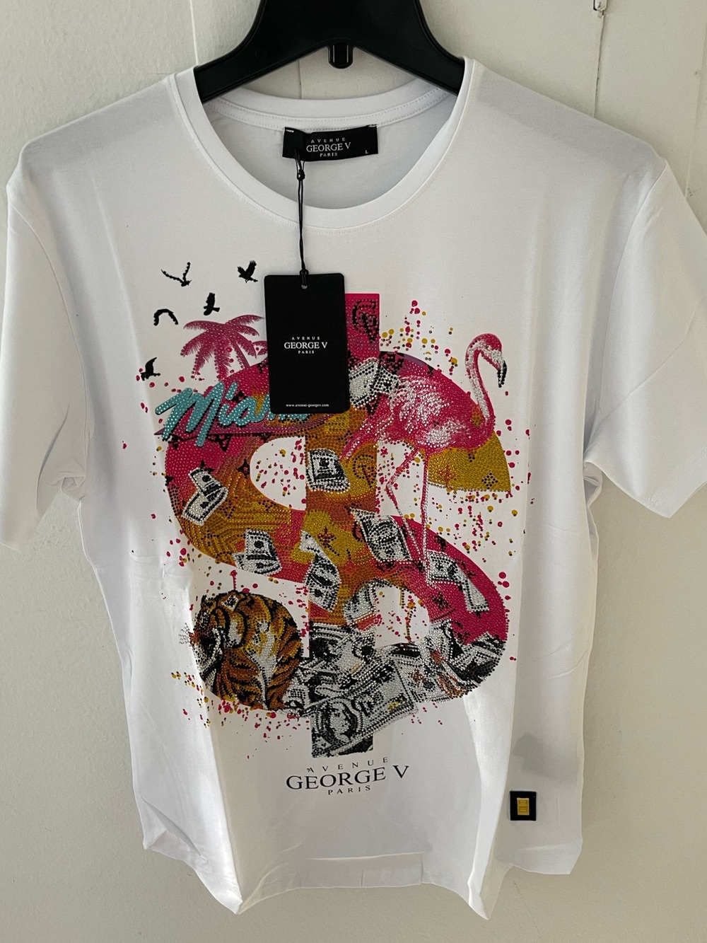 Avenue George V Paris T-Shirt Men's White Short Sleeve shirt tee Rhinestone L
